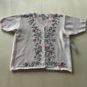 Vintage Carolyn Taylor Cardigan Sweater Women Large Pink Floral Embroidered Knit